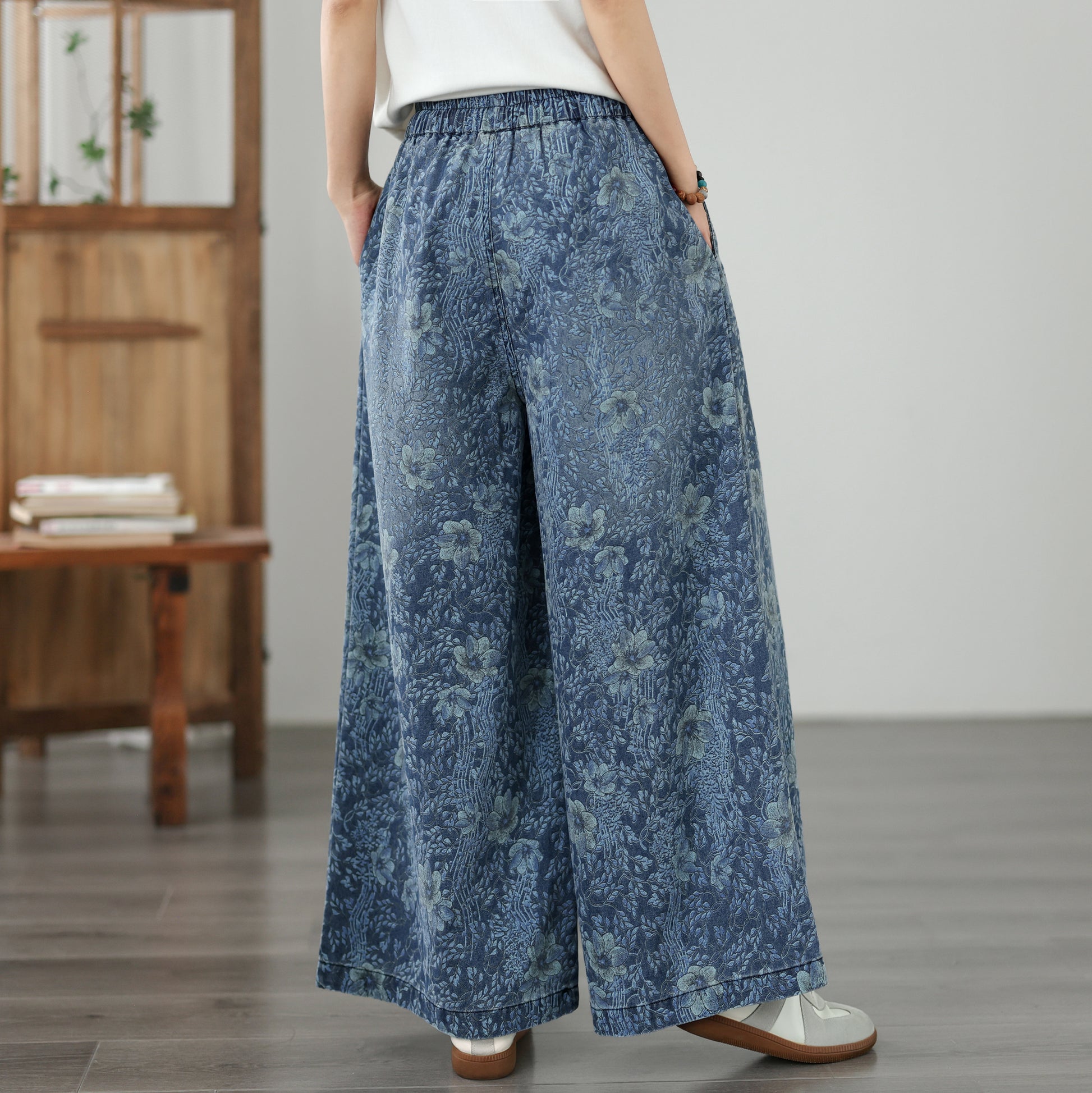 Women's Wide Leg Jeans Baggy Floral Wasited Elastic Pants - LAI MENG FIVE CATS