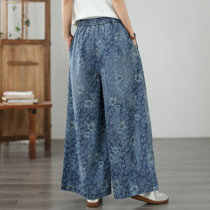 Women's Wide Leg Jeans Baggy Floral Wasited Elastic Pants - LAI MENG FIVE CATS