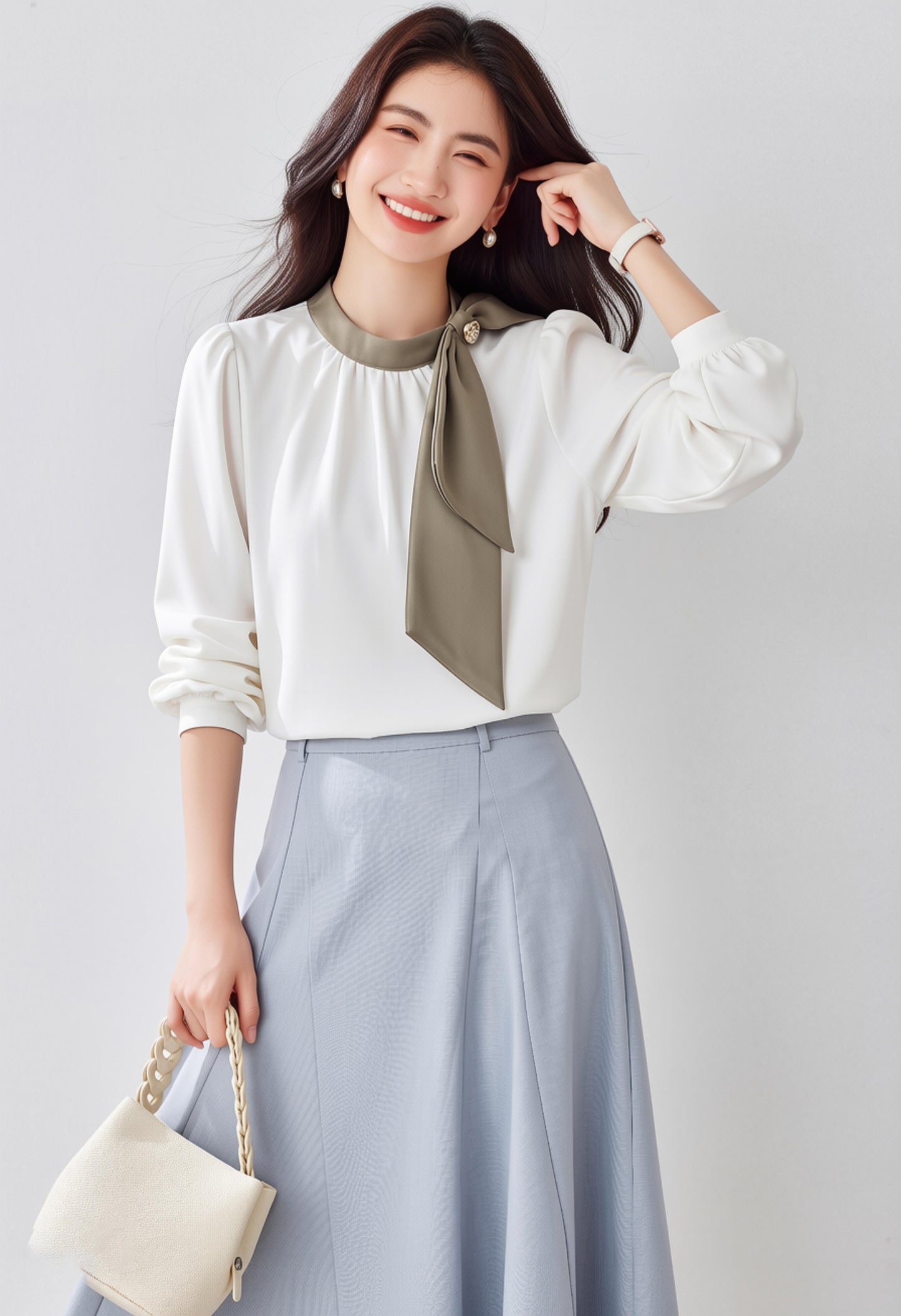 Women's Silk Satin Shirt Tie Neck Long Sleeve Top - LAI MENG FIVE CATS
