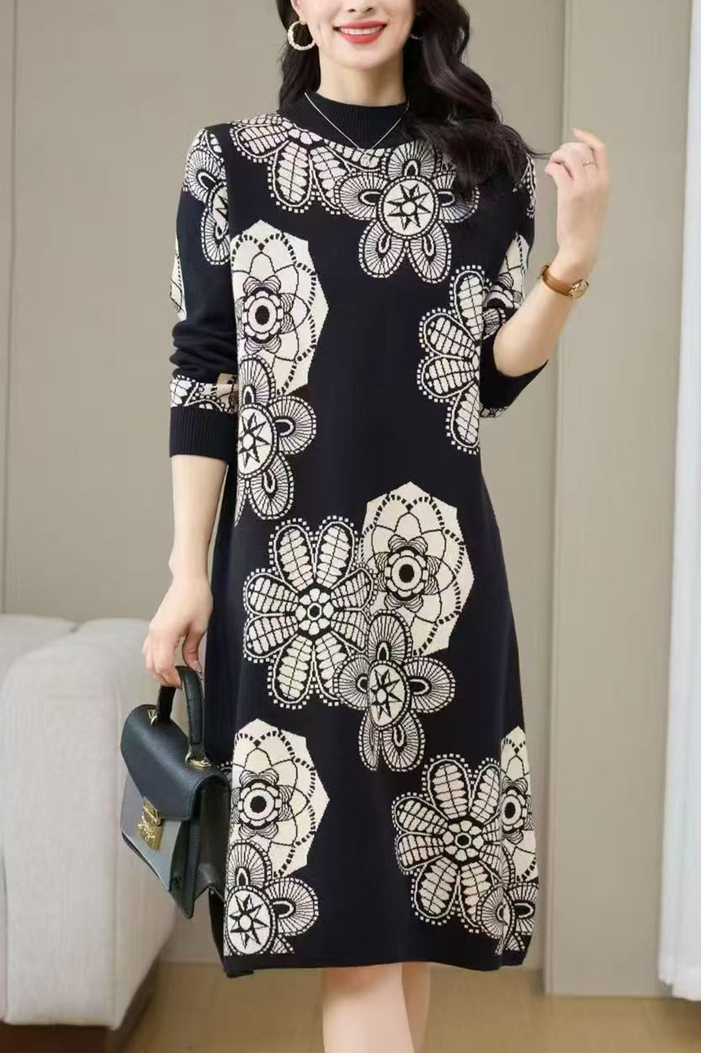 Women's Turtleneck Print Pullover Sweater Midi Dress