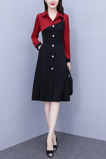 Women's V-Neck Long Sleeve with Pockets Black Dress - LAI MENG FIVE CATS
