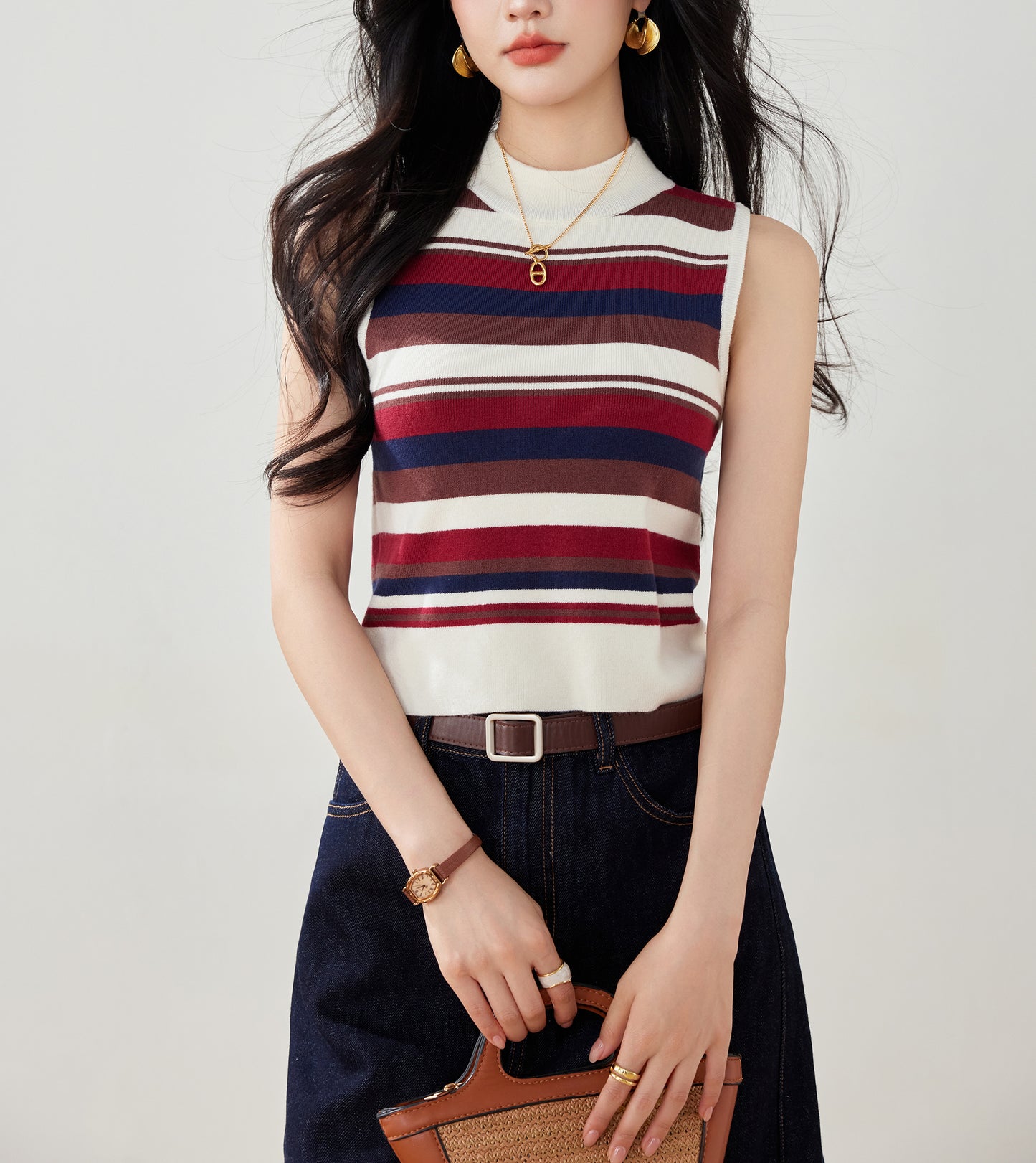 Women's Stripe Sleeveless Ribbed Knit Tops