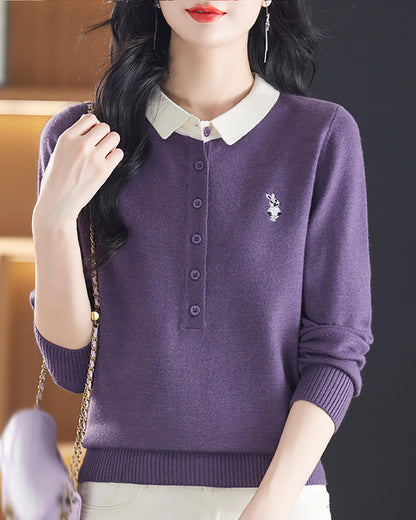 Polo Layered Knit Top with Bunny Embroidery & Contrast Collar