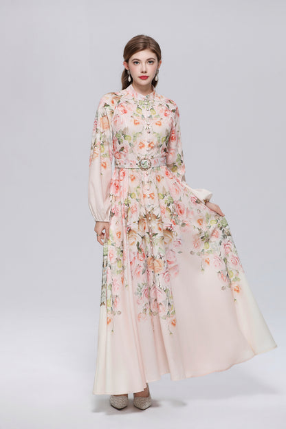 26-Women Floral Print Button Flowy Maxi Belt Dress