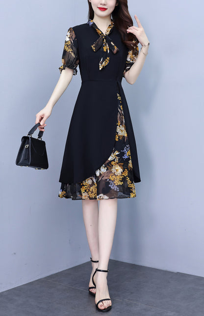 Women's Tie V-Neck Short Sleeve A-line Midi Dress