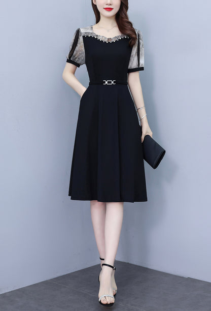 Women's Short Sleeve Pocket A-line Stretch Midi Dress