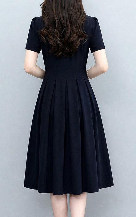 Short Sleeve Stretch Button Front Midi Dress