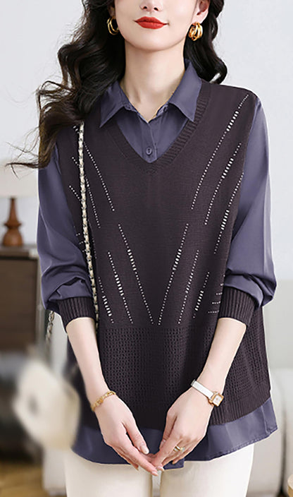 Women's 2-in-1 Layered Knit Vest Top — Shirt Collar with Dotted Trim