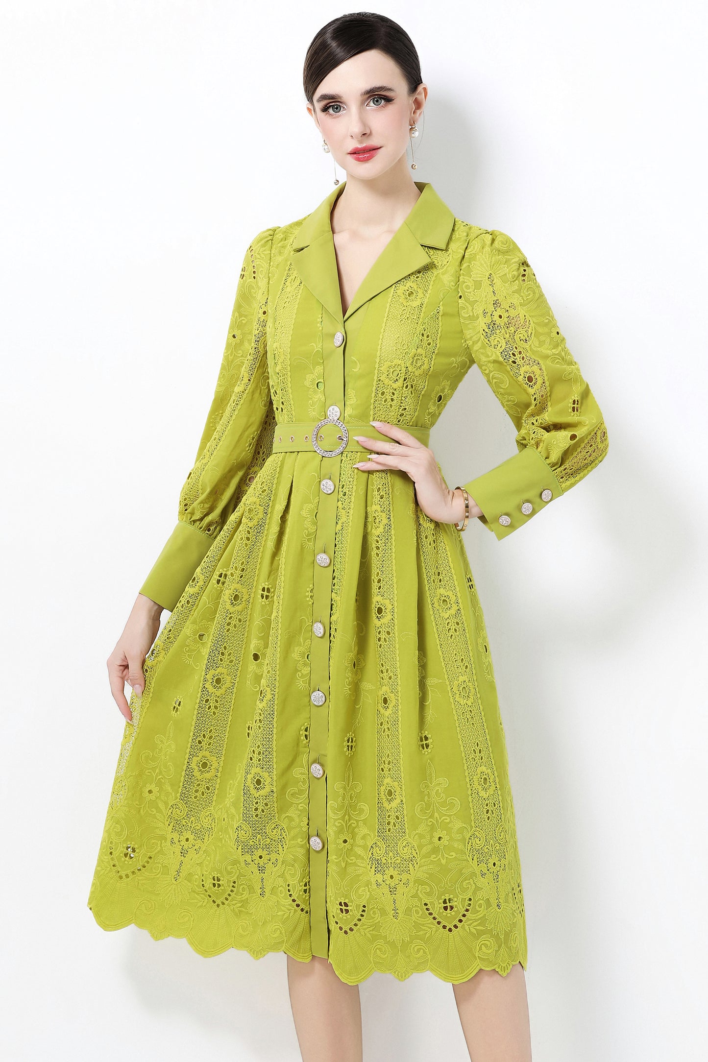 Women's Puff Sleeve Lace Hollow Out Midi Dress