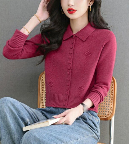 Textured Knit Zip-Up Cardigan Polo Collar Cropped Outerwear