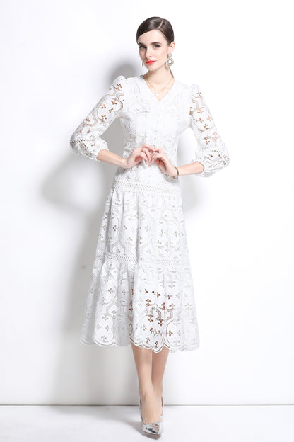 Women's Hollow Lace V-Neck Puff Sleeve Midi Dress