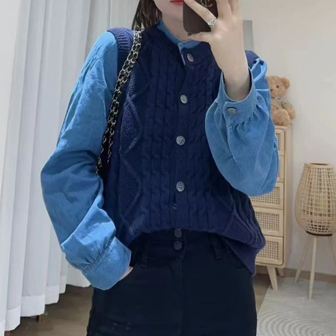 Women's Sweater 2 in 1 Denim Color Block Cable Knit top