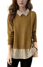 Women's Patchwork Shirt Collar Cotton  Knit Pullover Tops