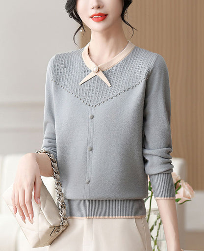 Elegant Pearl Long Sleeve Knit Sweater Pullover Top