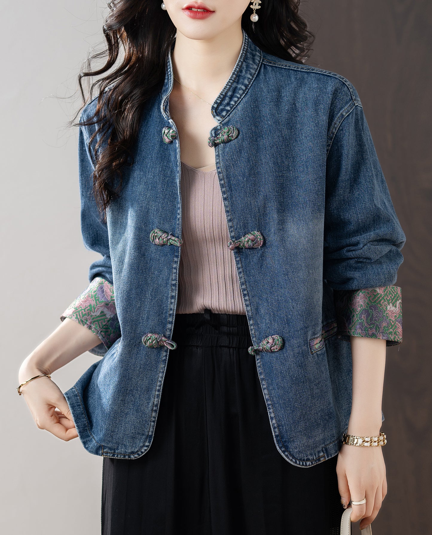 Womens Long Sleeve Print Denim Jacket with Pocket