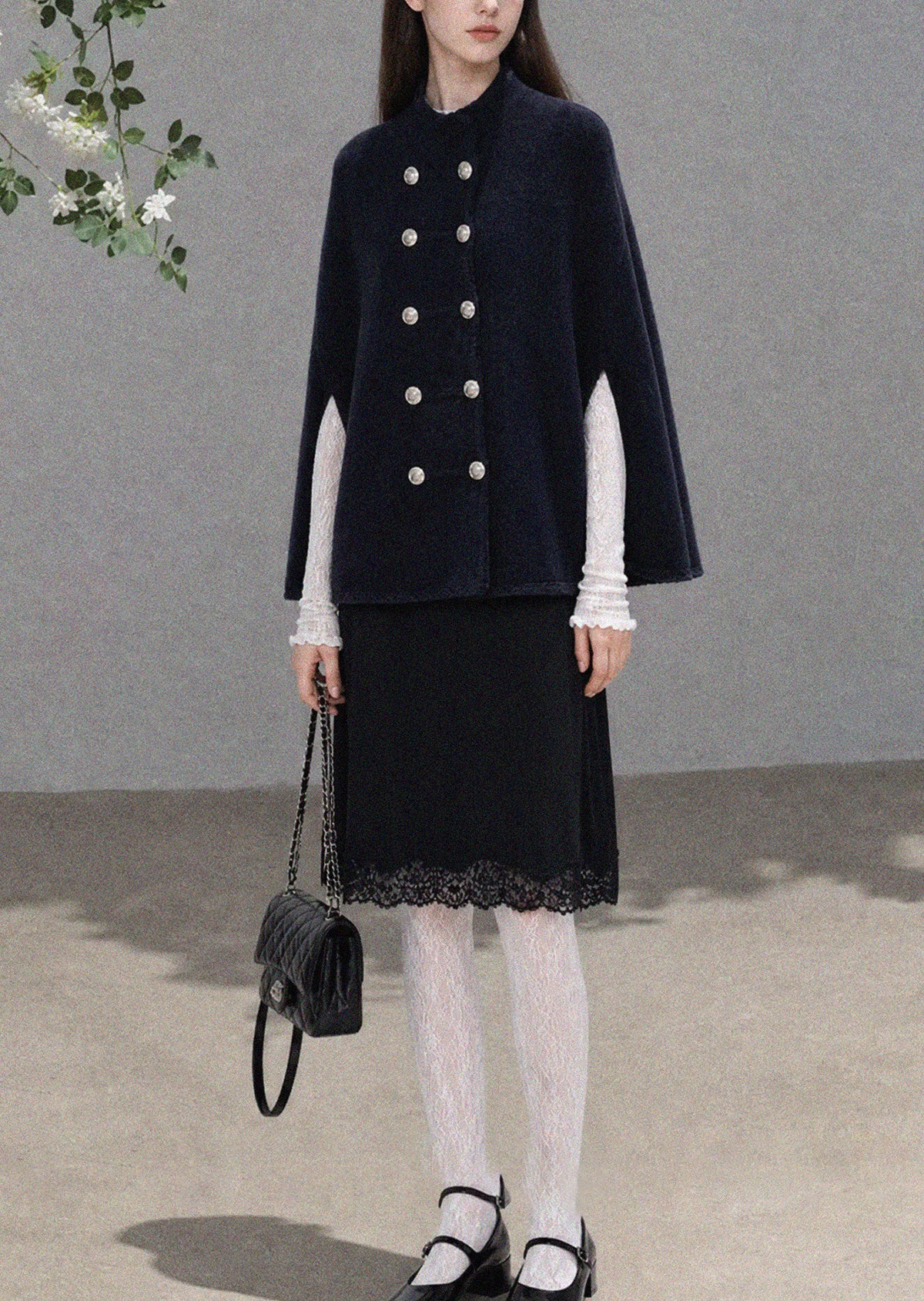 28695-Women's Knit Cape Coat – Navy & Camel
