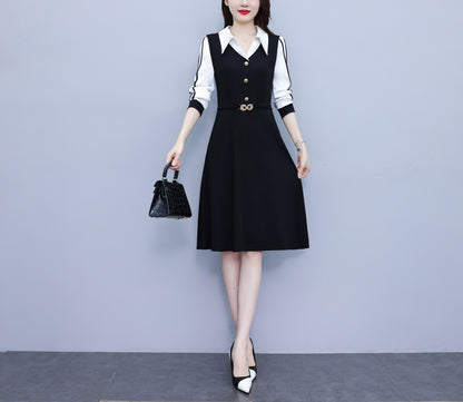 Women's V-Neck with Pockets Long Sleeve Black Dress