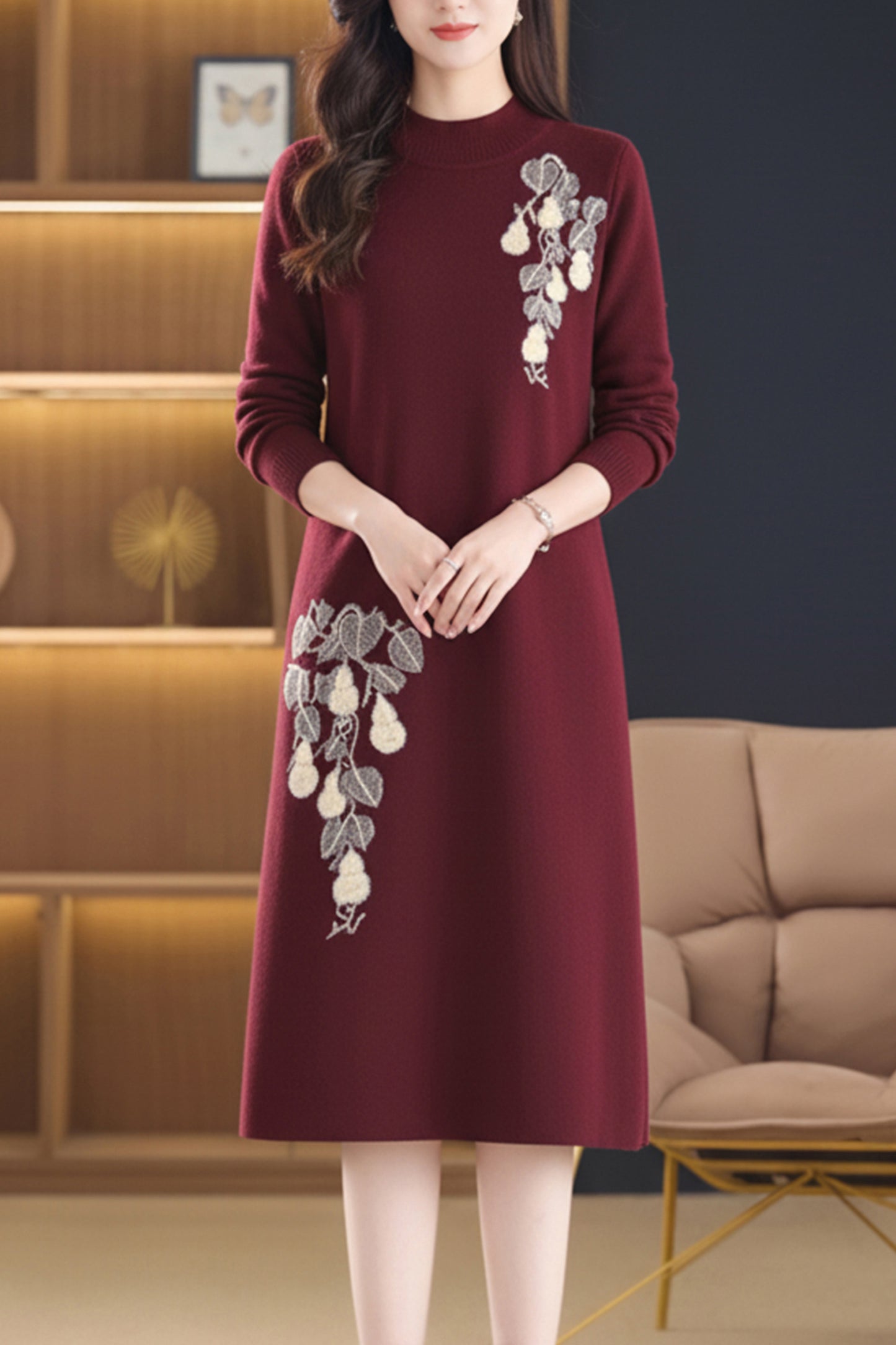 Women's Long Sleeve Sweater Knit Tunic Midi Dress