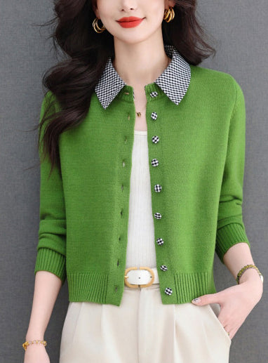 Contrast Gingham Collar Knit Cardigan – Vintage Button Sweater Top
