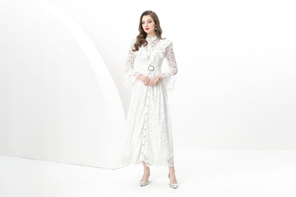 Women's Lace Mandarin Bell Sleeve Ruffles Dress