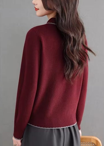 Contrast Trim Bow Collar Knit Top Long Sleeve Soft Sweater