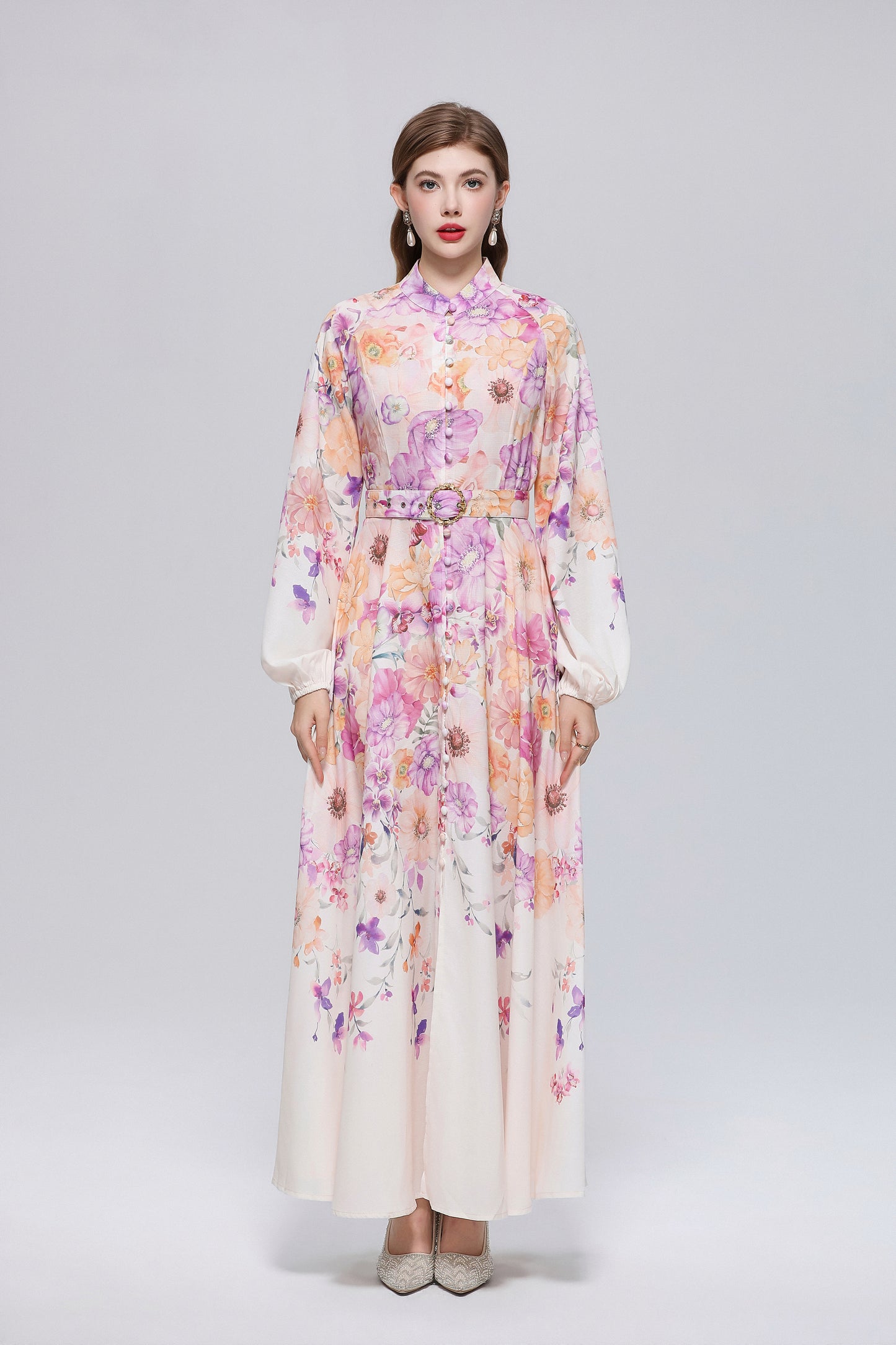 26-Women Floral Print Button Flowy Maxi Belt Dress