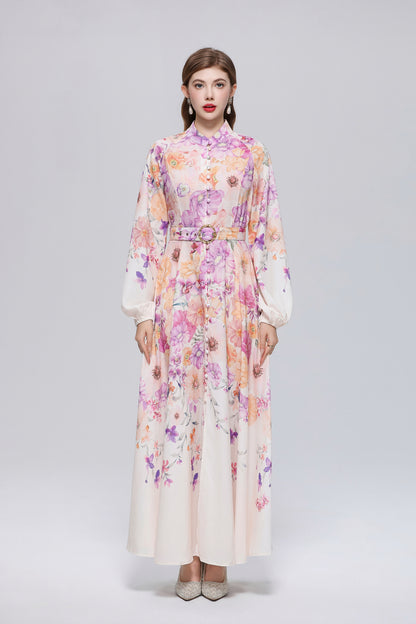 26-Women Floral Print Button Flowy Maxi Belt Dress