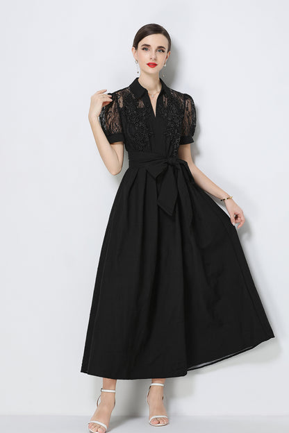 Elegant V-Neck Puff Sleeve Lace Jacquard Maxi Black Dress