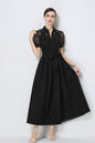 Elegant V-Neck Puff Sleeve Lace Jacquard Maxi Black Dress