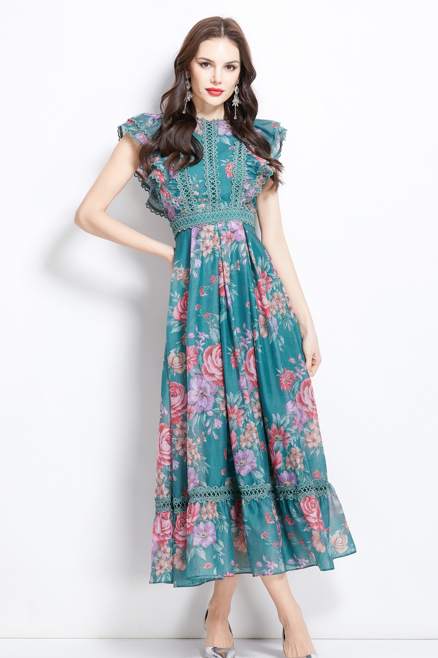 Women's Chiffon Sleeveless Lace Ruffles Print Maxi Dress