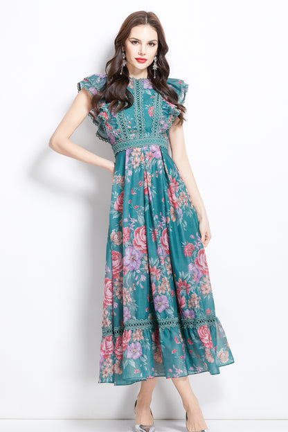 Women's Chiffon Sleeveless Lace Ruffles Print Maxi Dress