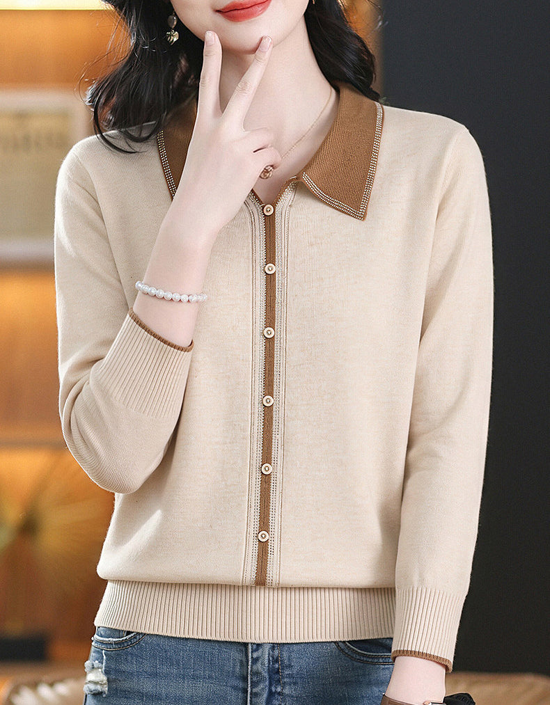 Chic Contrast Collar Knit Sweater Long Sleeve Pullover Top