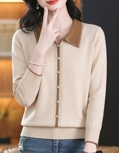 Chic Contrast Collar Knit Sweater Long Sleeve Pullover Top