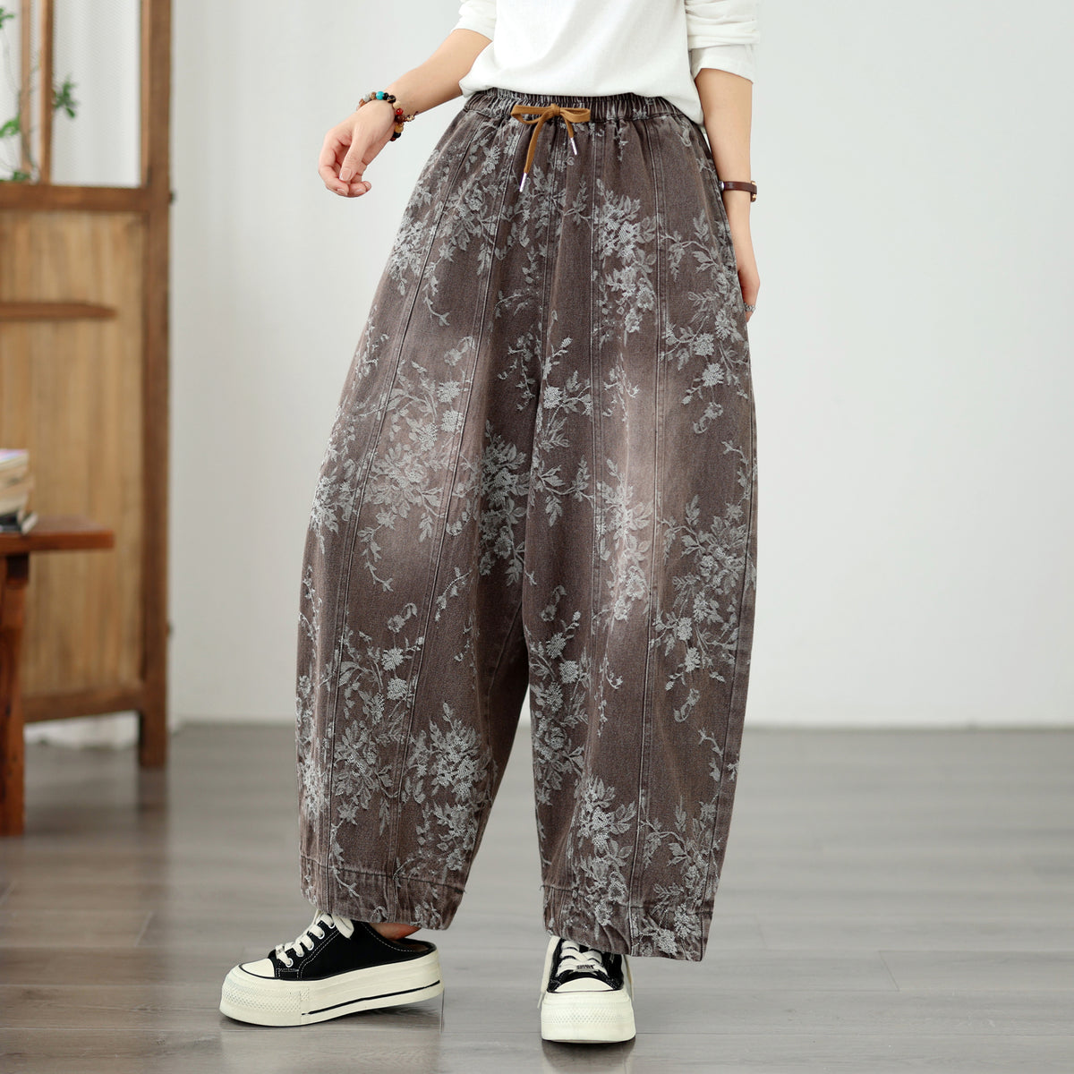 Vintage Floral Denim Harem Pants - Women's Boho Wide Leg Lantern Trousers