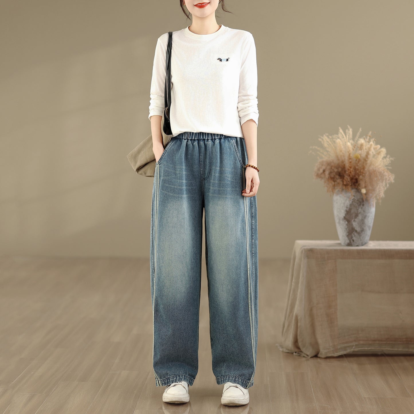 Women's Jeans Elastic Waist Wide Leg Denim Pants