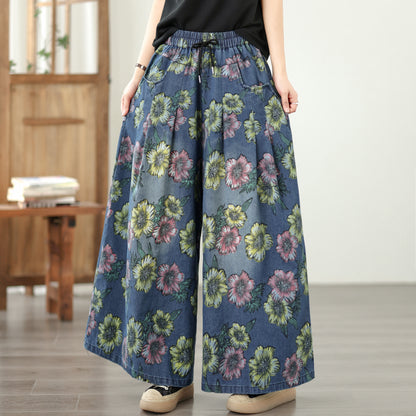 26-Women's Jeans Elastic Waist Baggy Wide Leg Denim