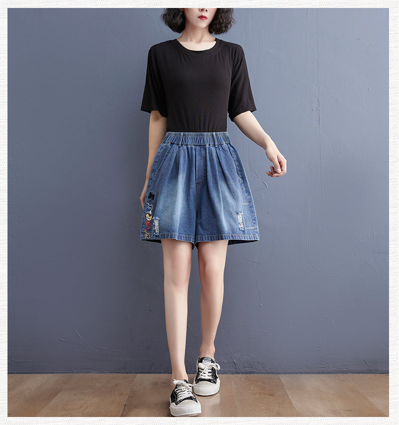 Women's Baggy Pull On Jeans Ripped Denim Shorts - LAI MENG FIVE CATS