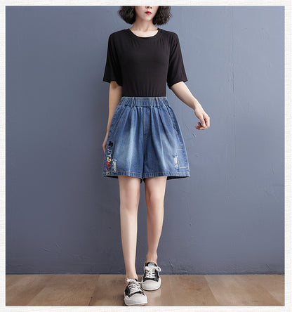 Women's Baggy Pull On Jeans Ripped Denim Shorts - LAI MENG FIVE CATS