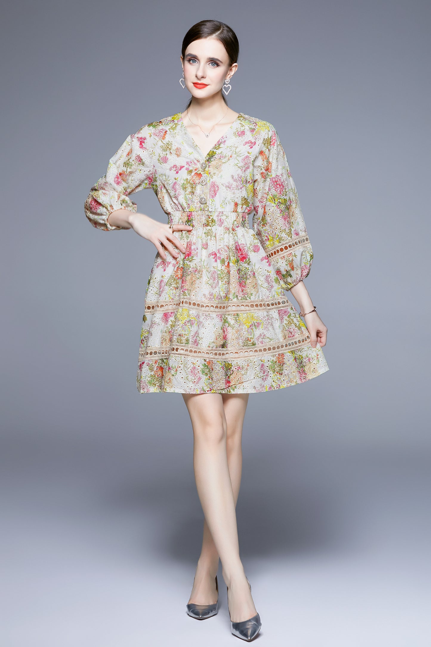 SSY-Women's V-Neck Floral Elastic Waist Button Mini Dress