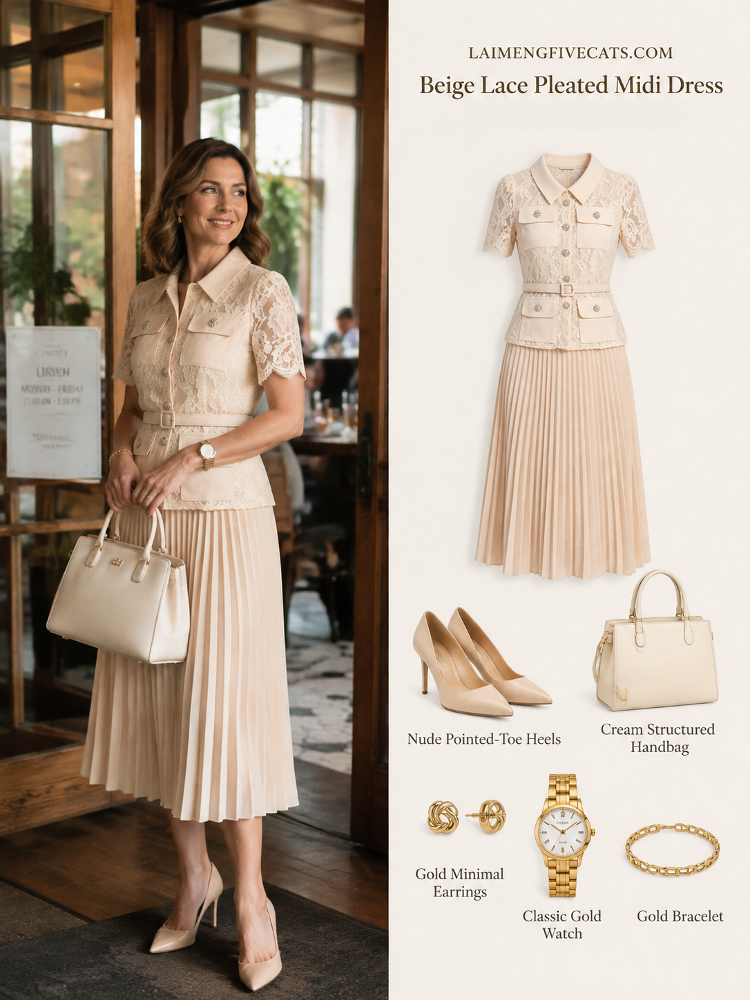 Lace Pleated Midi Dress | Elegant Collared Belted Dress for Women