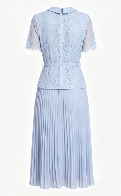 Lace Pleated Midi Dress | Elegant Collared Belted Dress for Women