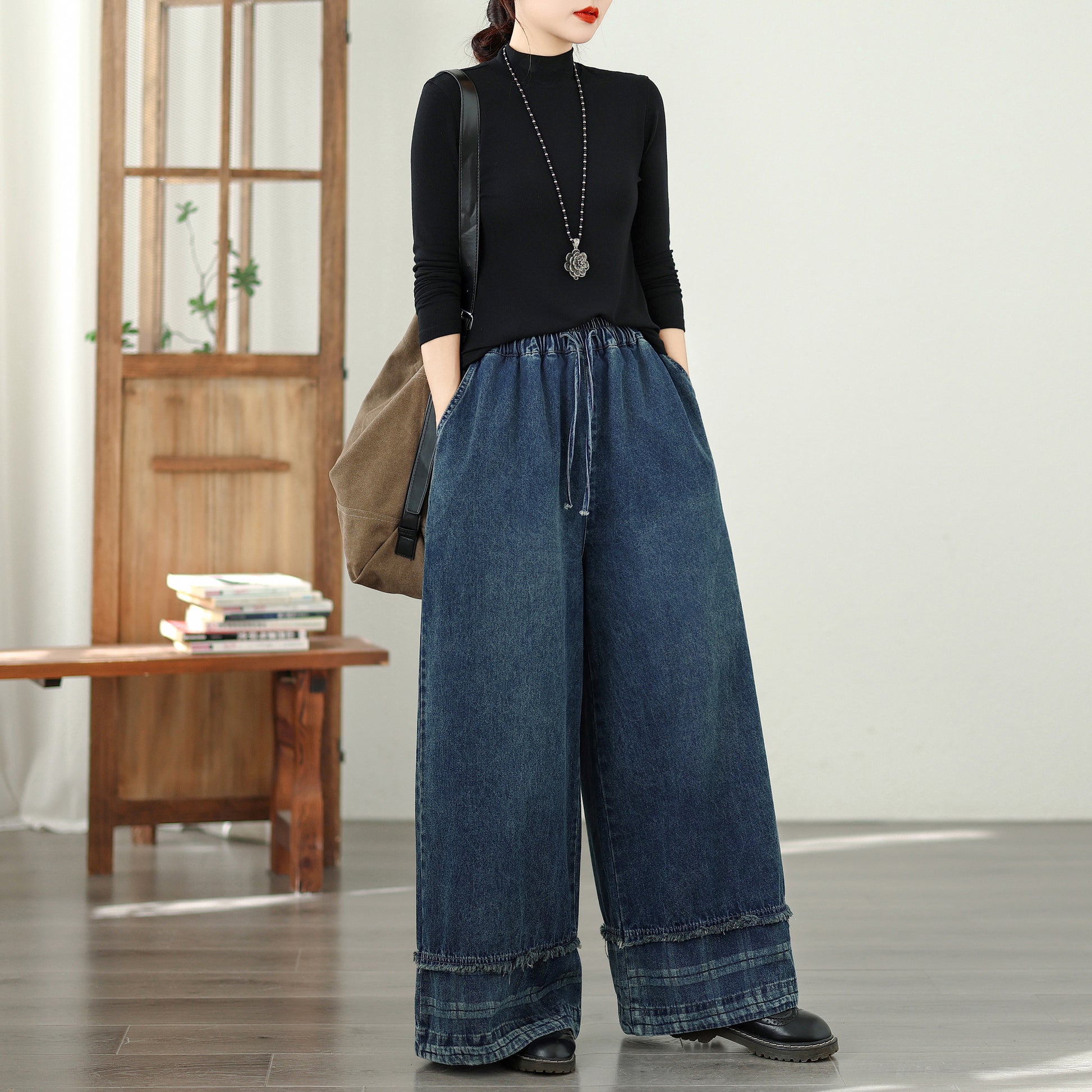 Women's Denim Wide Leg Baggy Jeans Drawstring Waist Pants - LAI MENG FIVE CATS