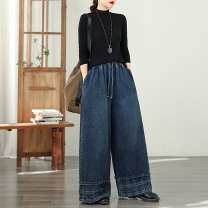Women's Denim Wide Leg Baggy Jeans Drawstring Waist Pants - LAI MENG FIVE CATS