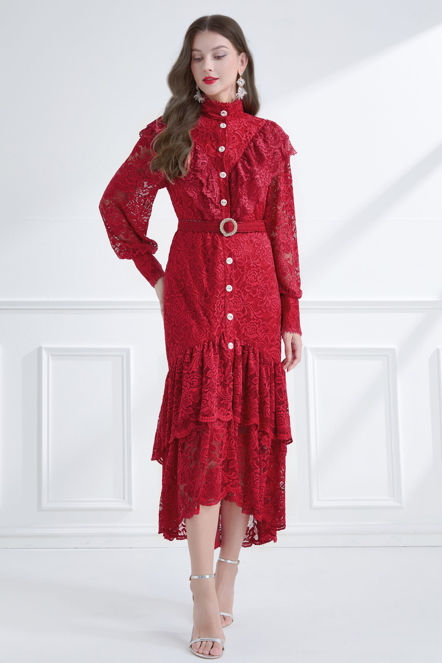 Women's Lace High Neck Ruffles Fishtail Maxi Dress