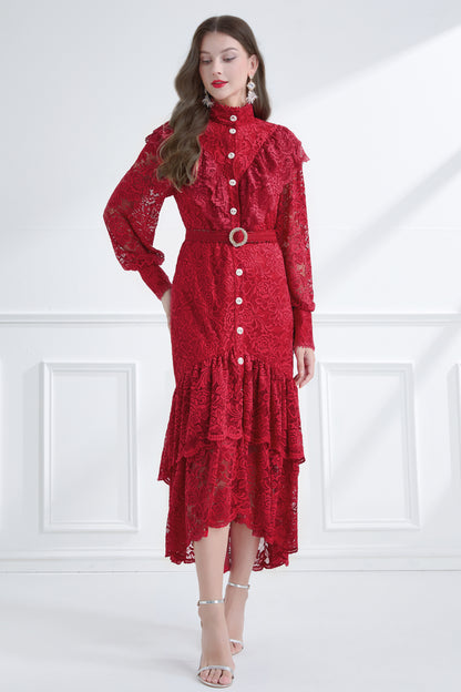 Women's Lace High Neck Ruffles Fishtail Maxi Dress