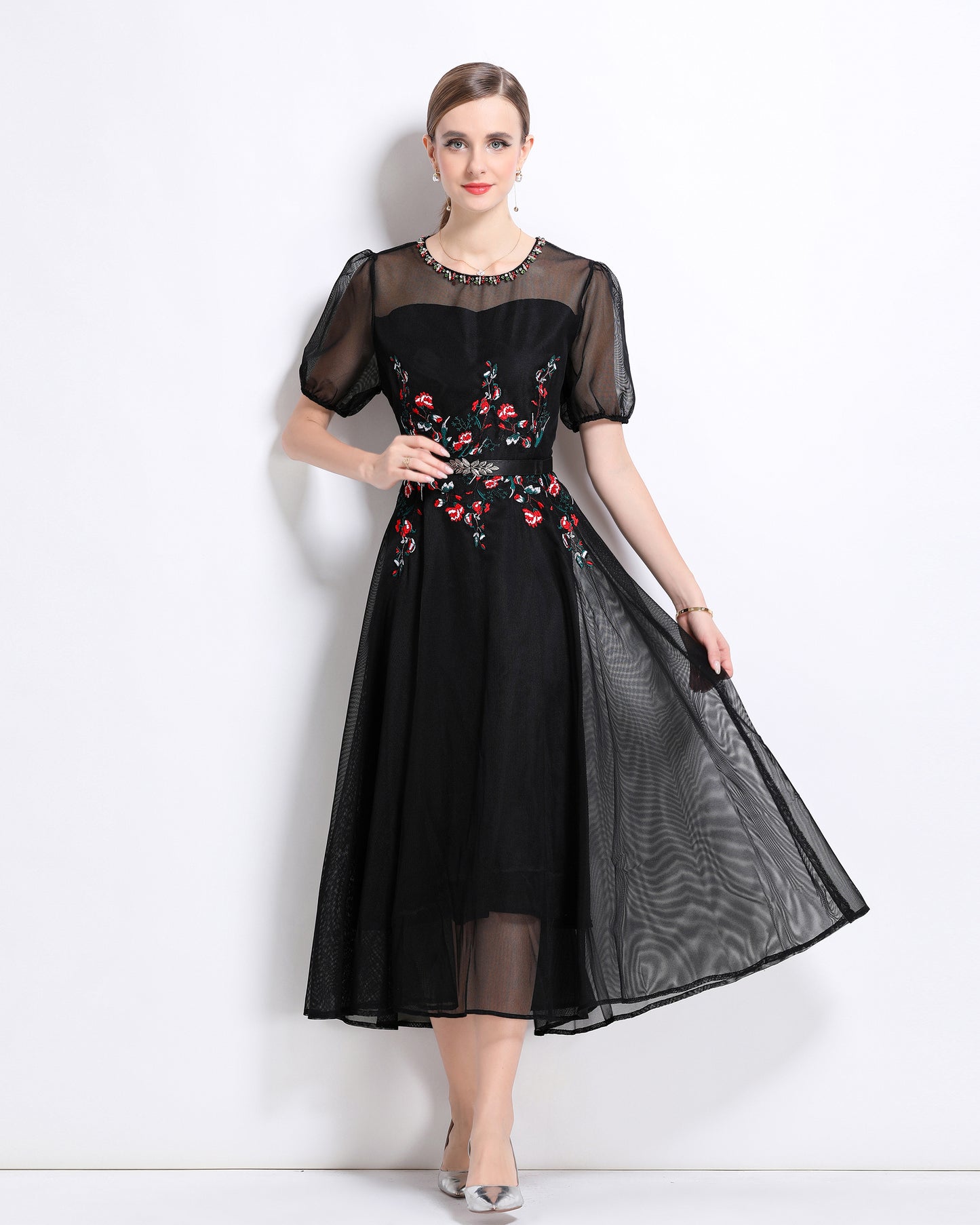 LAI MENG FIVE CATS Embroidered Mesh Floral Black Midi Dress - LAI MENG FIVE CATS