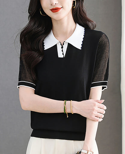 Women's Contrasting Color Polo Collar Knit Blouse