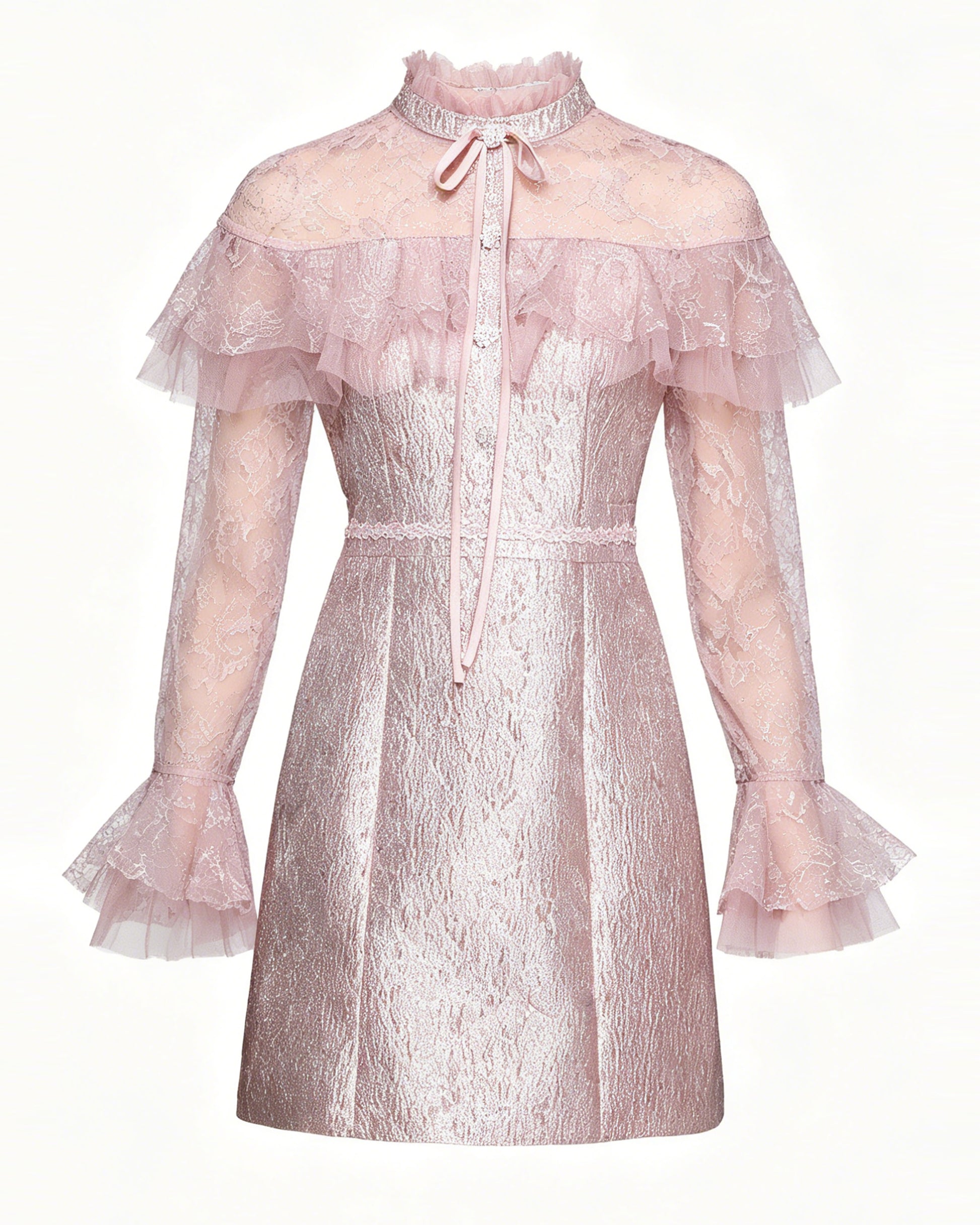 Pink Lace Ruffle Tie-Neck Mini Dress - LAI MENG FIVE CATS