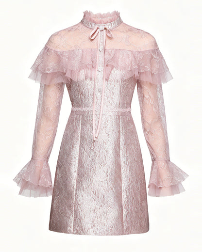 Pink Lace Ruffle Tie-Neck Mini Dress - LAI MENG FIVE CATS