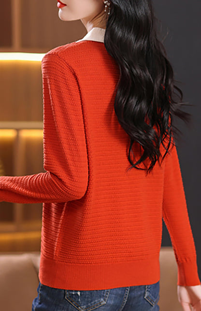 Long-Sleeve Knit Top — Polo Sweater Contrast Collar & Pearl Buttons